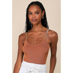 Lulus Intentionally Chic Light Brown Sweater Knit Chain Strap Tank Top - Size M